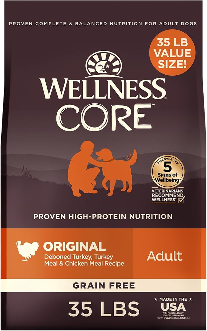 Wellness CORE Adult Dry Dog Food, Grain Free Kibble, Natural, High Protein, Turkey and Chicken Recipe, 35 lb Bag