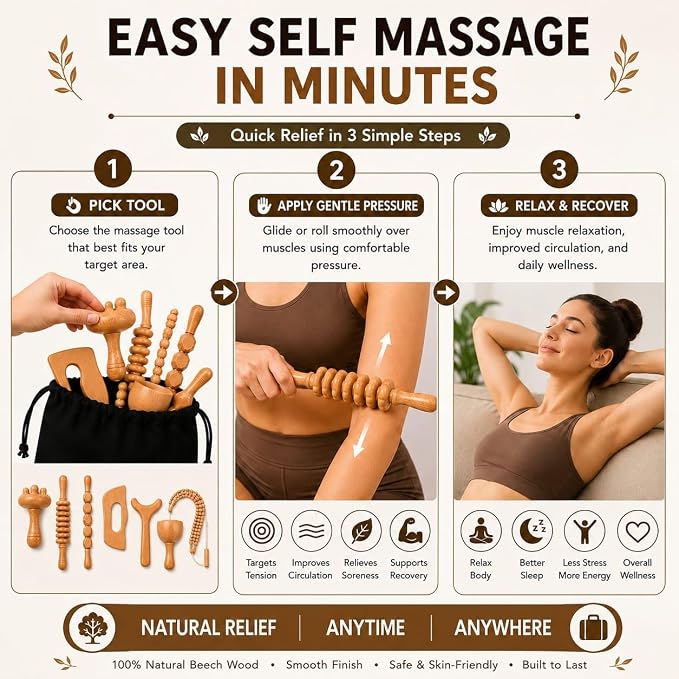 7-in-1 Wood Therapy Massage Tools Set, Wood Therapy Kit for Lymphatic Drainage, Maderoterapia Wooden Massager, Anti Cellulite Body Sculpting Roller, Body Contouring Tool for Waist, Legs & Back