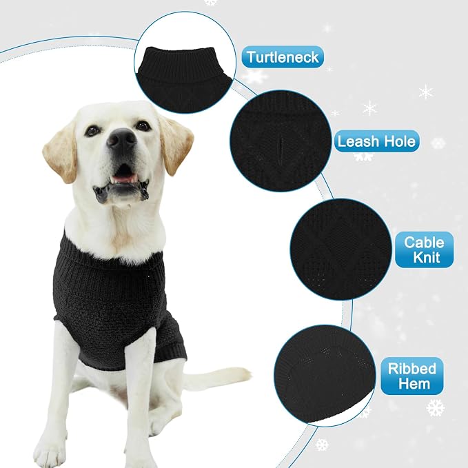 Mihachi Turtleneck Dog Sweater - Winter Coat Apparel Classic Cable Knit Clothes with Leash Hole for Cold Weather, Ideal Gift for Pet in New Year Black Medium/Large