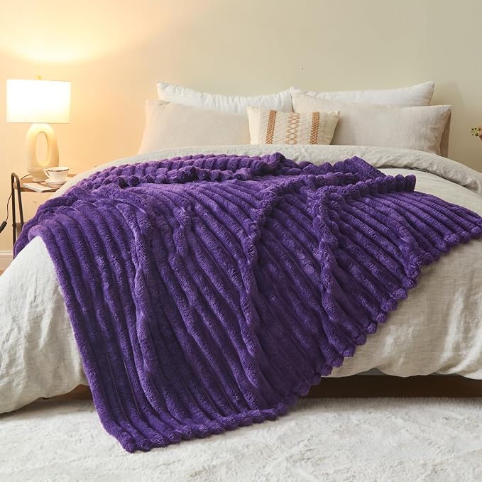 NEWCOSPLAY Fleece Ribbed Cozy Twin Blanket for Couch, Purple, 60"x80" | Premium Silky Flannel Blanket, Soft Lightweight Fluffy Throw Blanket for Bed Sofa Decor, Gift for All Season Use