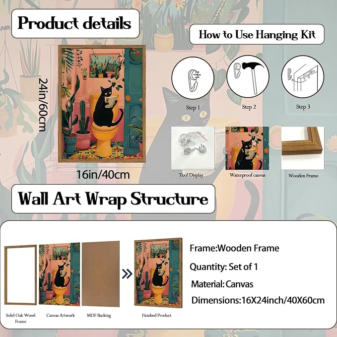 Funny Black Cat Bathroom Wall Art Whimsical Cat Reading Newspaper on Toilet Wall Decor Picture Cute Animal Bathroom Poster Canvas Painting Prints for Restroom 16x24 inch Framed
