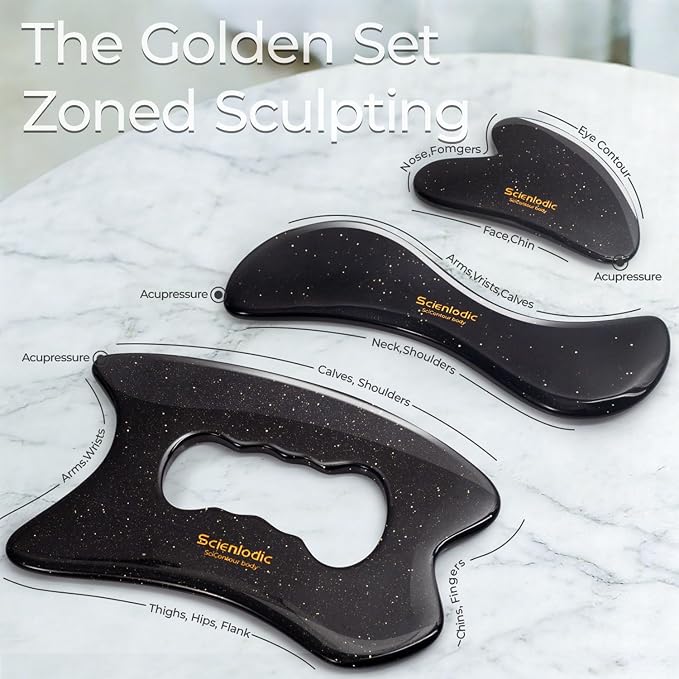 Scienlodic 3 Pcs Gua Sha Massage Tools for Face & Body (Black Gold, Resin) - Scraping Tools for Back, Legs & Muscle Relaxation, Guasha Facial Tool for Jawline Contouring & Puffiness Reduction