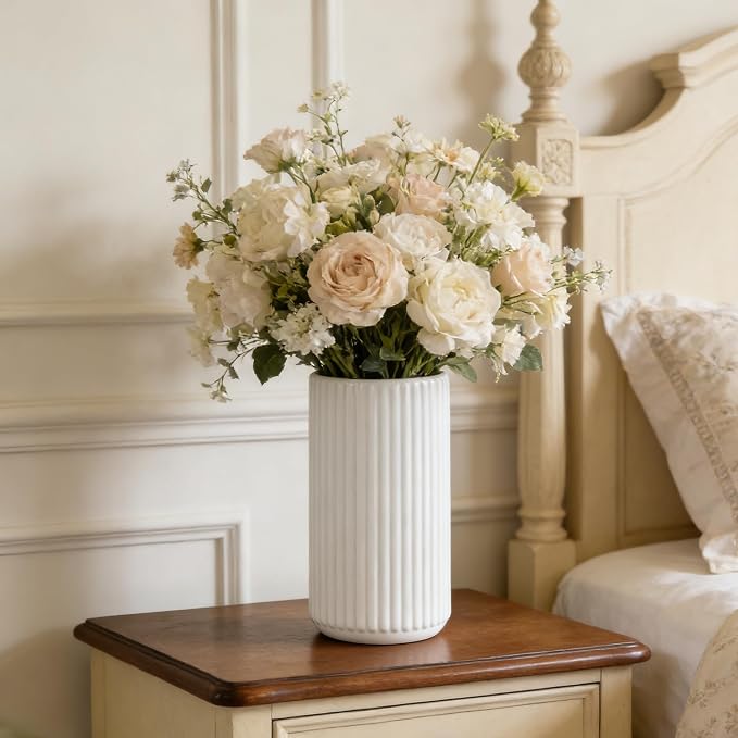 White Ceramic Flower Vase for Pampas Grass, 10 inch Large Decorative Centerpiece Ribbed Vase for Dining Table, Office Desktop, Shelf Bookshelf, Mantel, Entryway, Bathroom, Countertop, Farmhouse, Gift