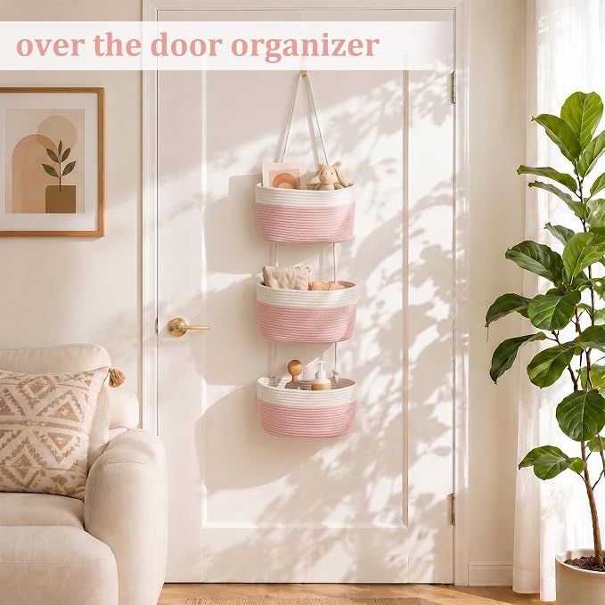 TeoKJ Over the Door Hanging Basket, 3-Tier Woven Cotton Wall-Mounted Storage Organizer Bag Decorative Hanging Nursery Baskets, Pink & White