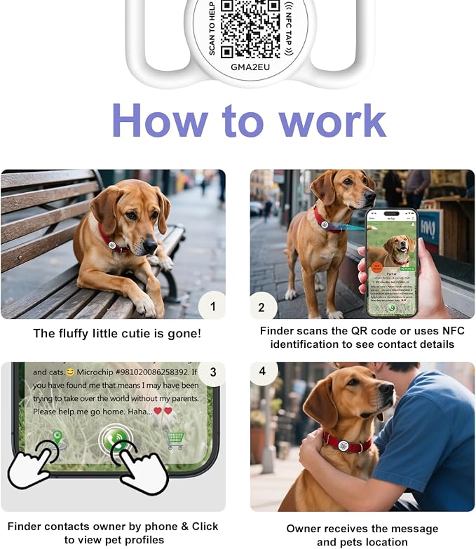QR Code Dog Tag with NFC, Personalized Pet ID Tag, Silent Silicone Dog Tag, Modifiable Pet Online Profile, Multiple Emergency Contact, Scan QR Code Send GPS Location Email (Regular, White)