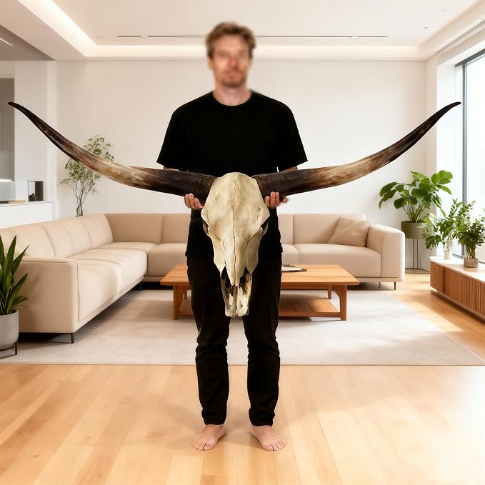 JUNTHORB 70in Longhorn Wall Decor, Extra Large Authentic Croissant，Cow Skull Wall Decor，cow horns, cow horn wall decoration, long horn skull，Handmade Farmhouse Decor