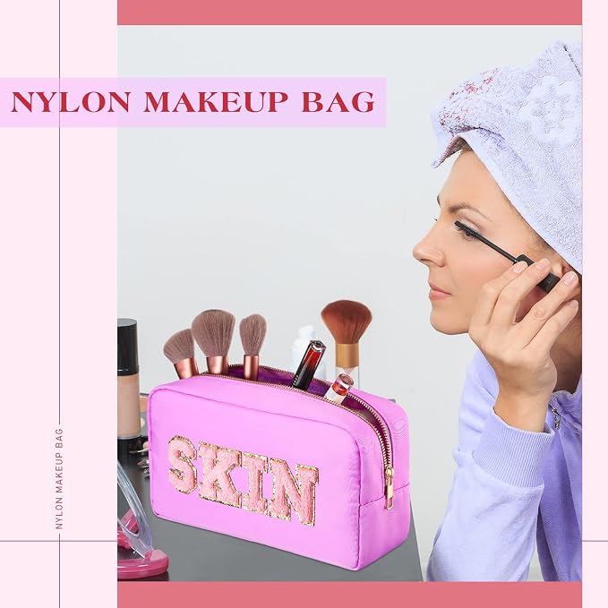 Preppy Makeup Bags Chenille Letter Stuff Bag Nylon Cosmetic Pouch Cases with Zipper for Women Travel Toiletry(Mixed Color,Classic,4 Pcs)