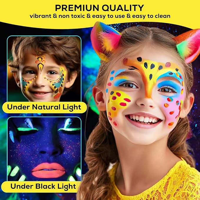 12 PCS Glow Face & Body Paint, Glow in the Blacklight Makeup Neon Face Paint for Halloween Birthday Party