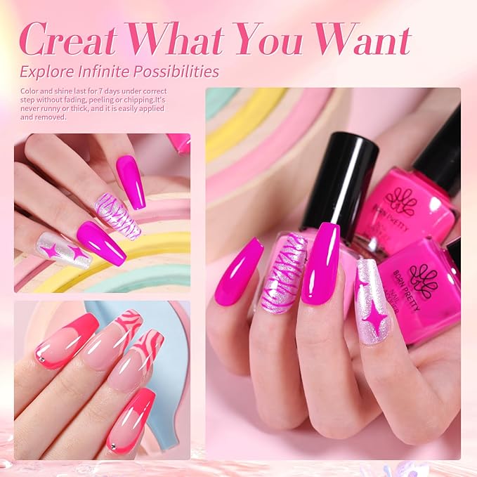 Born Pretty Pink Nail Polish Set Fingernail, 15 Colors Hot Pink Neon Nude Natural Bright Spring Summer Quick Dry Nail Lacquer for DIY Nail Art Salon Home Valentines Day Gift for Women