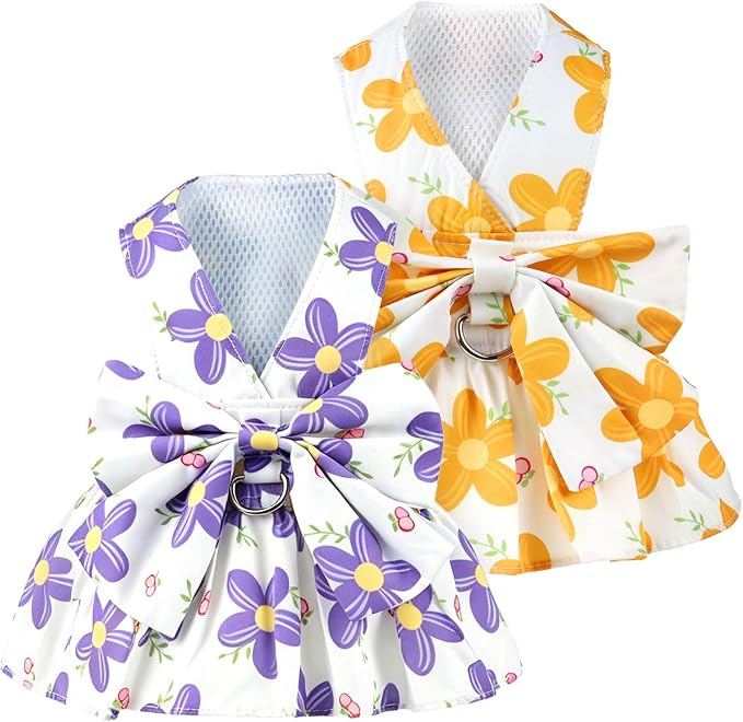2Pack Small Dog Harness Dress for Girl Puppy Cat Dress with Flower Pattern Bow Adjustable Breathable Lining Back D-Ring Cute Outfits for Small Puppy, Cat Dresses for Cats Only or Dog Girl Clothes