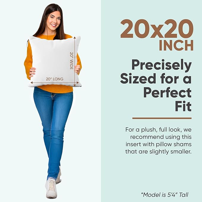 Pillowflex Synthetic Down Pillow Insert 20x20 in - Karate Chop Pillow | Set of 2 - Large Square Sham Forms, Plush Polyester Cotton Blend, Cloud-Like Comfort, Clump-Resistant Fill, Smooth Finish