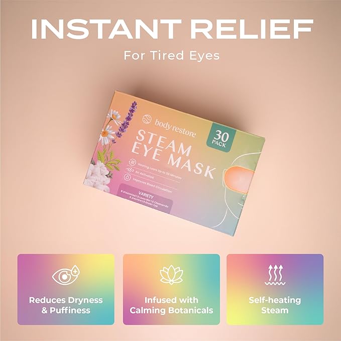 Body Restore Heated Eye Mask for Dry Eyes 30 Pack - Boo Basket Stuffers for Women, Self Heating Warm Compress, Christmas Stocking Stuffers, Birthday Gifts, White Elephant, Relaxation - Variety