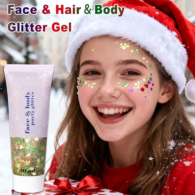 Red Green and White Body Glitter Gel, Christmas Face Hair Glitter for Kids & Women,Shimmer Holographic Colorful Sequins Chunky Glitter Gel Makeup,Accessories for Festival Rave (Christmas Themed)
