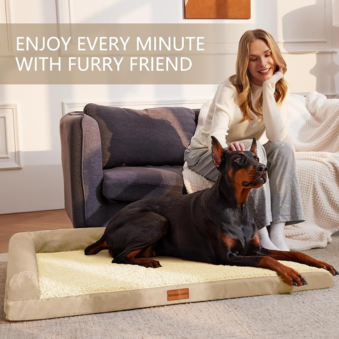 Patas Lague Orthopedic Large Dog Bed Washable Pet Sofa Bed 48''X30''Beige | 2-Sided Bolster Egg-Crate Foam Dog Couch Large Sized Dogs, Waterproof Removable Washable Cover, Nonskid Bottom Pet Crate Mat