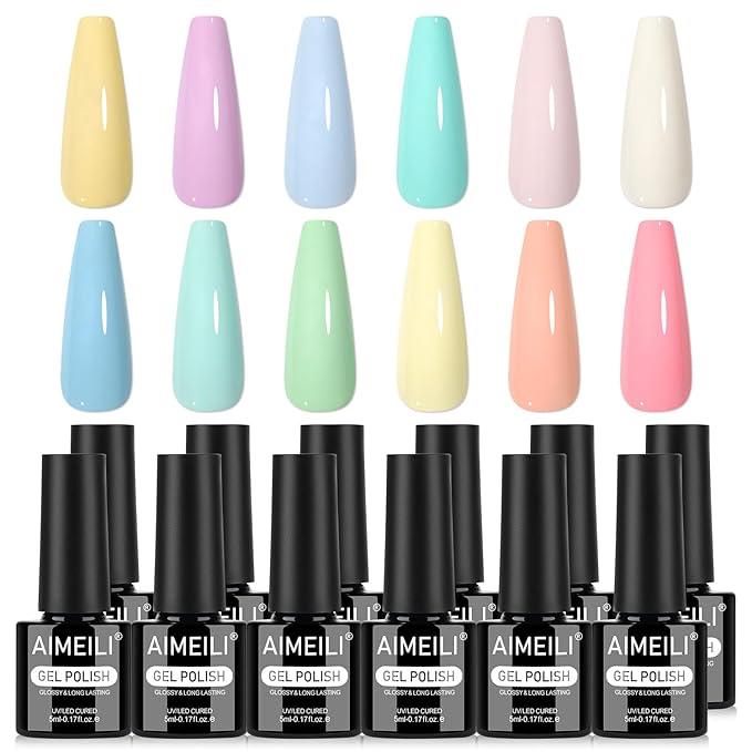 AIMEILI Pastel Gel Nail Polish Set 12pcs, Hema Free, Cruelty Free, Vegan, Soak Off U V LED Nail Art Manicure Salon DIY for Women - Kit 37
