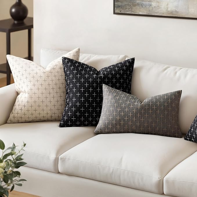 MIULEE Pack of 2 Decorative Burlap Linen Throw Pillow Covers Modern Farmhouse Vintage Pillowcase Rustic Woven Textured Cushion Cover for Sofa Couch Bed 22x22 Inch Black