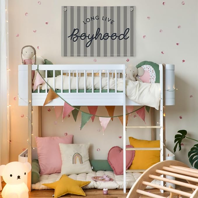 Boys Room Decor, Long Live Boyhood Linen Banner Hanging Flag, Vintage Stripes Banner Nursery Playroom Kids Bedroom Dorm Toddler Decorations Trendy Room Decor, Gifts for Teens 30x20 boyroom