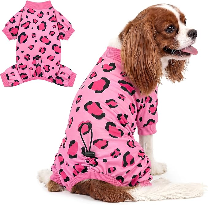 XPUDAC Leopard Dog Pajamas, Stretchy Girl Dog Clothes with Adjustable Drawstring, Soft Lightweight Pet Pjs Puppy Clothes Outfit for Small Medium Dogs, Pink, XL