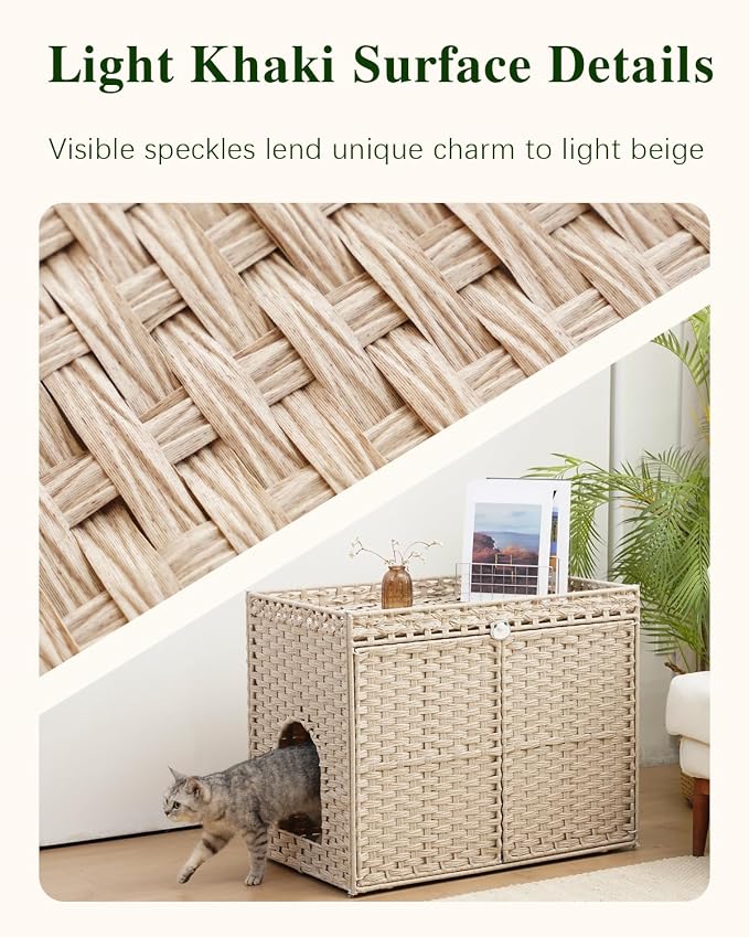 SETVSON Cat Litter Box Enclosure, XL Hidden PE Rattan, Light Khaki | Spacious Double Door PE Rattan, Spacious Nightstand & Cat Perch with Double Doors, Fits Big Litter Tray,2 S-Hooks Metal Frame