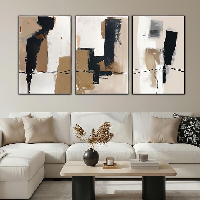 SAFERRYHOME Neutral Abstract Black and Tan Brown Wall Art Set of 3, 24"x36" | Black and Tan Brown Framed Canvas Print Set,Mid-Century Modern Brown Minimalist Shapes for Living Room Bedroom Office Hallway