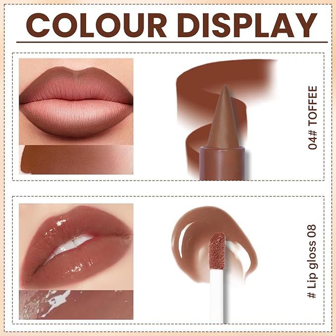 Lip Liner Gloss Set, Medium Brown Plumping Lip Liner Lip Pencil Moisturizing Lightweight Lip Gloss Lip Combo, High Shine Glossy Lip Tint Lip Stain Makeup Long Lasting Lip Contour for Women