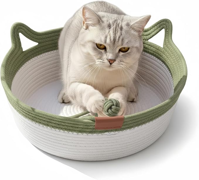 Instinct Basket for Cats - Handwoven Cotton Rope Enrichment Bed with Attached Toy Tail, Scratchable Interactive Pet Nest Features Flexible Walls to Fight Boredom & Protect Furniture (Green, L)