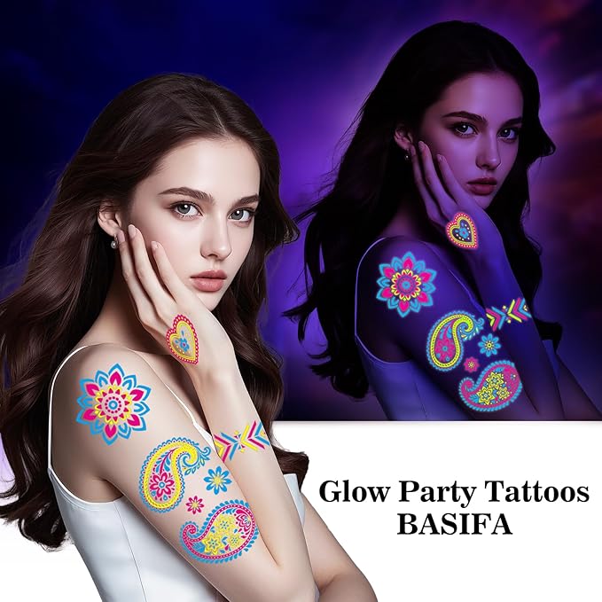 32 Sheets Temporary Tattoo Glow in the Dark, UV Neon Fluorescence Body Arm Fake Tattoo Waterproof Stickers for Women Men Party Favors, Rave Festival Party Supplies