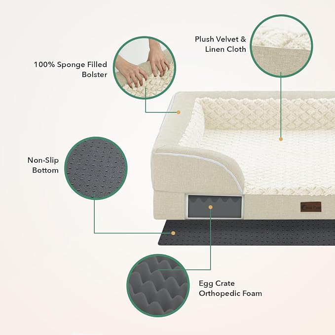 Orthopedic Washable Dog Bed for Extra Large Dogs, 48x30in, Beige | Orthopedic Foam Eases Joint Pressure, Bolsters Supports Head And Neck, Washable Pet Beds, Removable Cover, Non-Slip Bottom