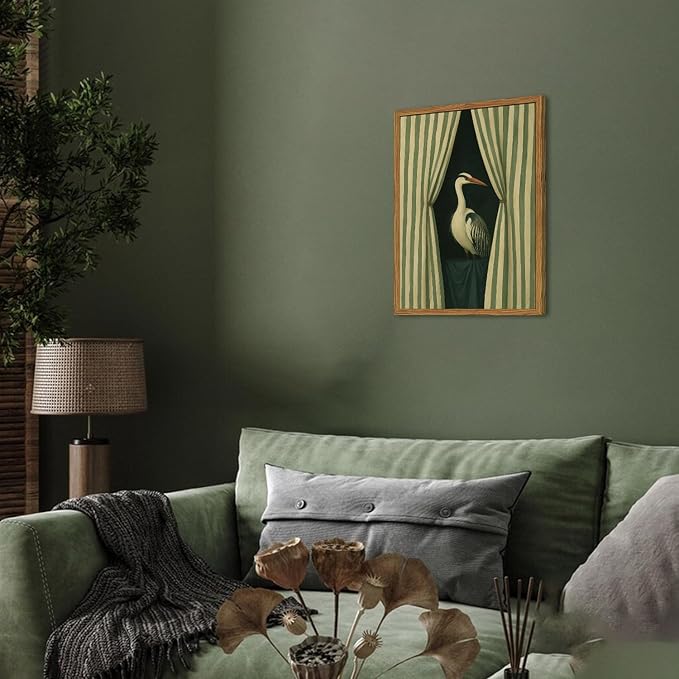 Framed Moody Heron Wall Art, Eclectic Vintage Bird Pictures Wall Decor Paintings, Surreal Whimsical Animal Canvas Prints Unique Humorous Home Decor for Living Room Bedroom Bathroom 12x16 inch
