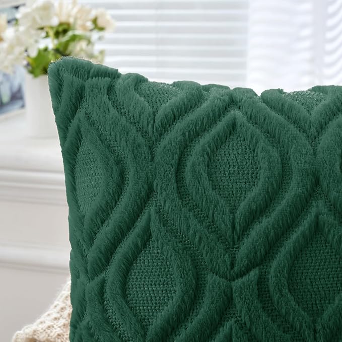 MIULEE Dark Green Soft Plush Faux Wool Lumbar Throw Pillow Covers 12x20 | Set of 2, Farmhouse Boho Home Decor, Decorative Cushion Covers for Sofa, Living Room, Bed