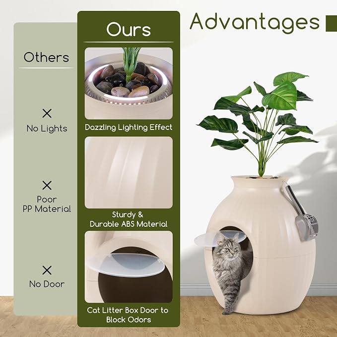Tangkula Hidden Litter Box Plant, Cat Litter Box Enclosure Furniture with Odor Removal System, 4 Modes Lights, Artificial Plant, Pebbles, Door, Scoop, Planter Litter Box for Large Cats, Easy to Clean