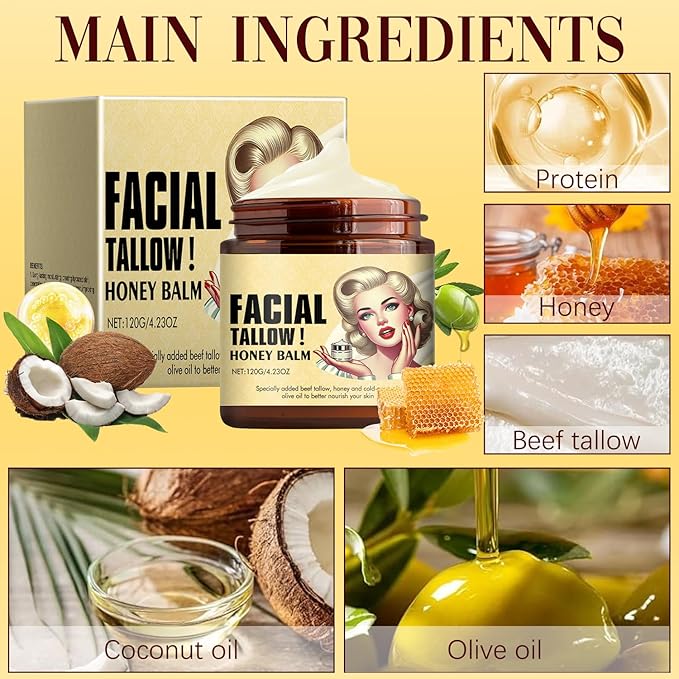 Nicgou Whipped Beef Tallow and Honey Balm, Grass Fed Grass Finished Face Cream, Tallow Face Moisturizer, Beef Tallow Balm for Skin Care