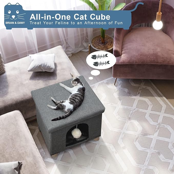 BRIAN & DANY Large Cat Beds for Indoor Cats, Cat Cave House for Kitten with Scratch Board & Ball, 17.7 x 14.8 x 15 inches, Gray (Large)