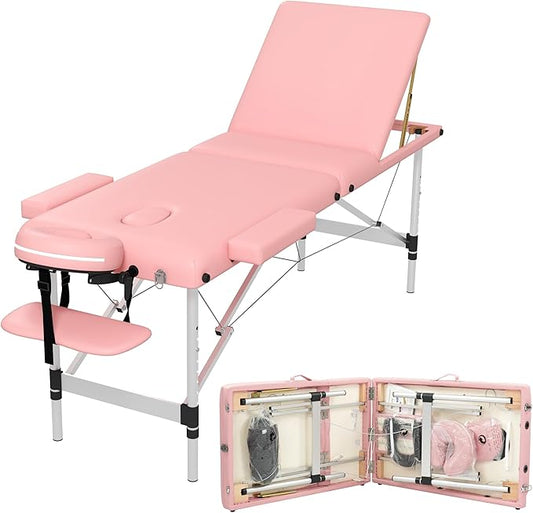 Massage Table Massage Bed, Portable 3 Section Foldable Tattoo Bed, Height Adjustable Lash Spa Bed with Face Cradle, Home Light Weight Facial Salon Bed with Aluminum Frame, Light Pink
