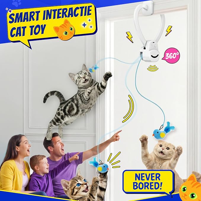 CATPICK Interactive Doorway Cat Toy, No-Adhesive Clip-On for Indoor Cats | Automatic Retractable bird-and-mouse motion with 8-minute auto-play, touch-to-wake response, USB charging, 2 birds & 1 mouse