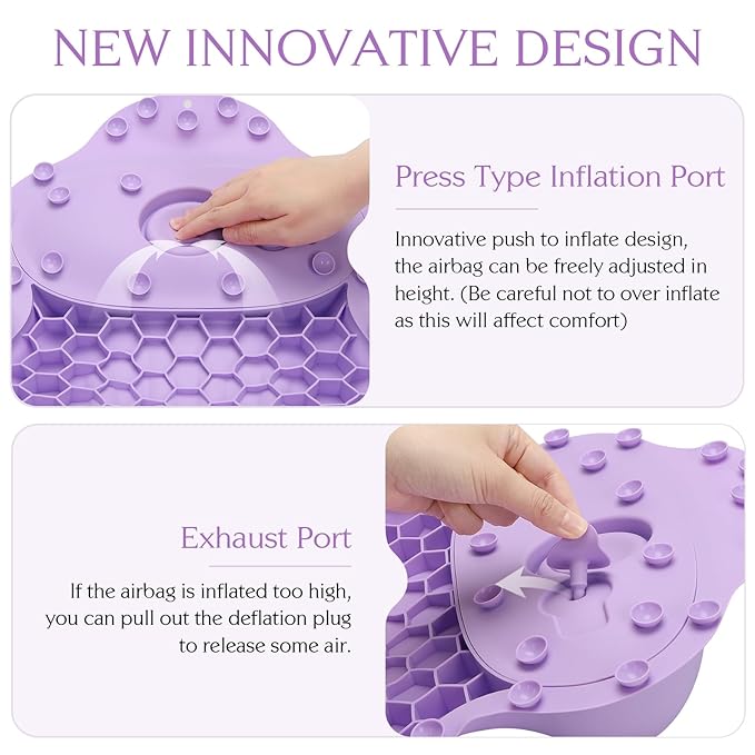 Silicone Bath Pillow, New Material Bath Pillows for Tub Head Neck and Back Support, Bath Tub Pillow with 4D Press Inflatable Airbag and Non-Slip Strong Suction Cups, Quick-Drying, Easy to Store,Purple
