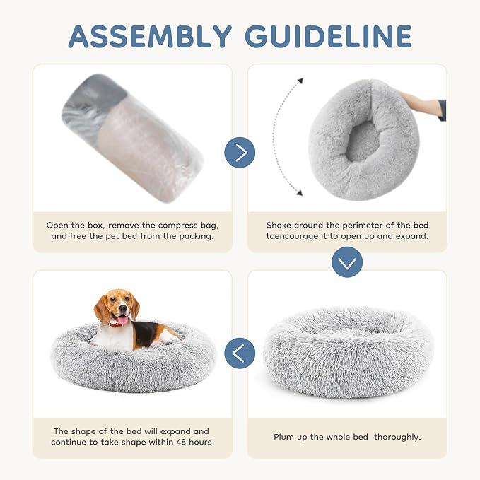 DUMOS 30.7 Inch Large Donut Dog Bed for Indoor Use, Fluffy Faux Fur Plush | Warming Cozy Round Pet Bed, Machine Washable Cuddler, Anti-Slip Bed for Dogs and Cats, Grey