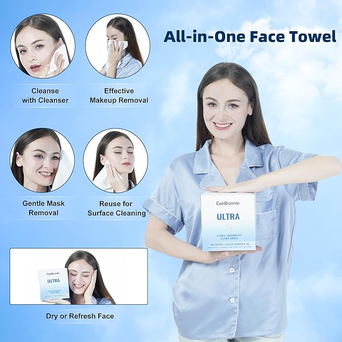 Clean Face Towels XL, 10"×12" Biobased Facial Towels, Disposable Face Towelette, Makeup Remover Dry Wipes, Extra Thick and Soft for Skin Care, Clean Skin, 100 Count (2 Pack)