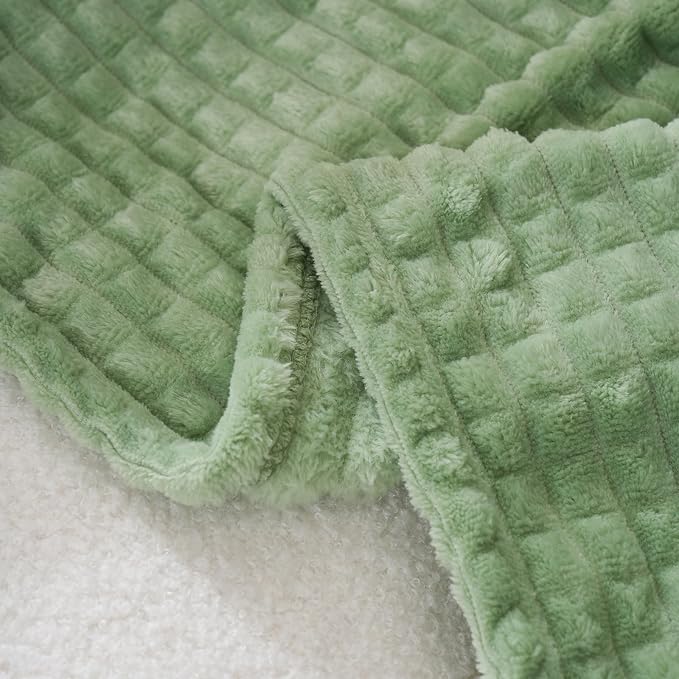 Puncuntex Fleece Throw Blanket Sage Green 90"×90" with Square Grid Design | Super Soft Plush Cozy Flannel Throw Blanket Luxury for Couch Sofa Chair