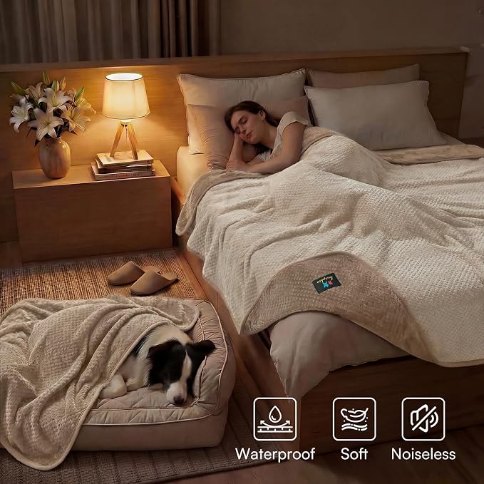 Luciphia Waterproof Blanket for Dog, Washable Reversible Fleece Pet Throw | Durable protector for bed, couch, crate, and furniture; leakproof and calming for dogs, cats, puppies Beige QUEEN(90''x82'')