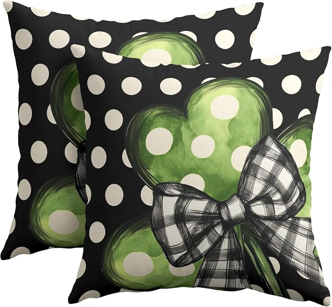 Kawani St Patricks Day Pillow Covers 20x20 Set of 2 Polka Dots Lucky Shamrock Leaf Black Square Pillowcases Cotton Linen Cushion Cover for Home Sofa Couch Patio Outdoor Holiday Decor