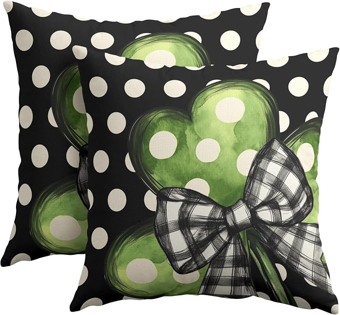 Kawani St Patricks Day Pillow Covers 2 Pcs - 22x22 Inch Green Shamrock White Clover Polka Dots Spring Decorative Pillowcases Cotton Linen Cushion Cover for Couch Sofa Chair Holiday Decor