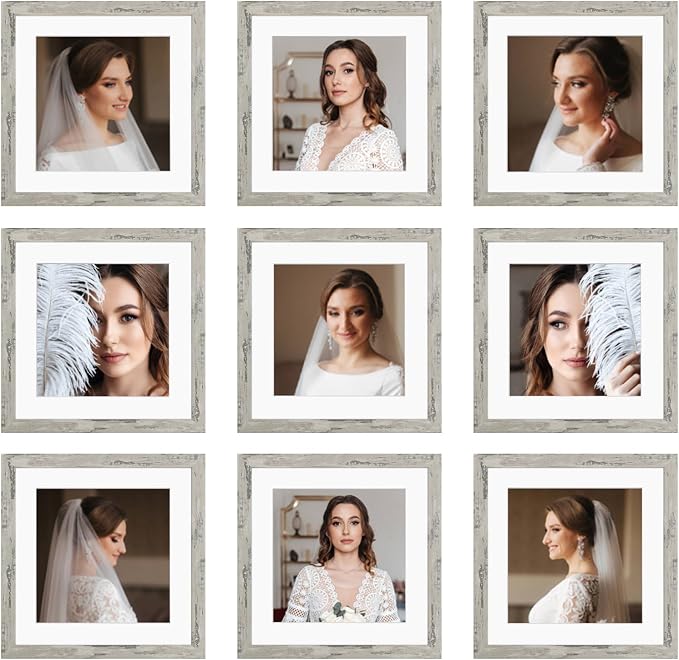 10x10 Picture Frame Set of 9, Display Pictures 8x8 with Mat or 10x10 without Mat, Multi Collage Gallery Square Photo Frames for Wall or Tabletop, Distressed Gray