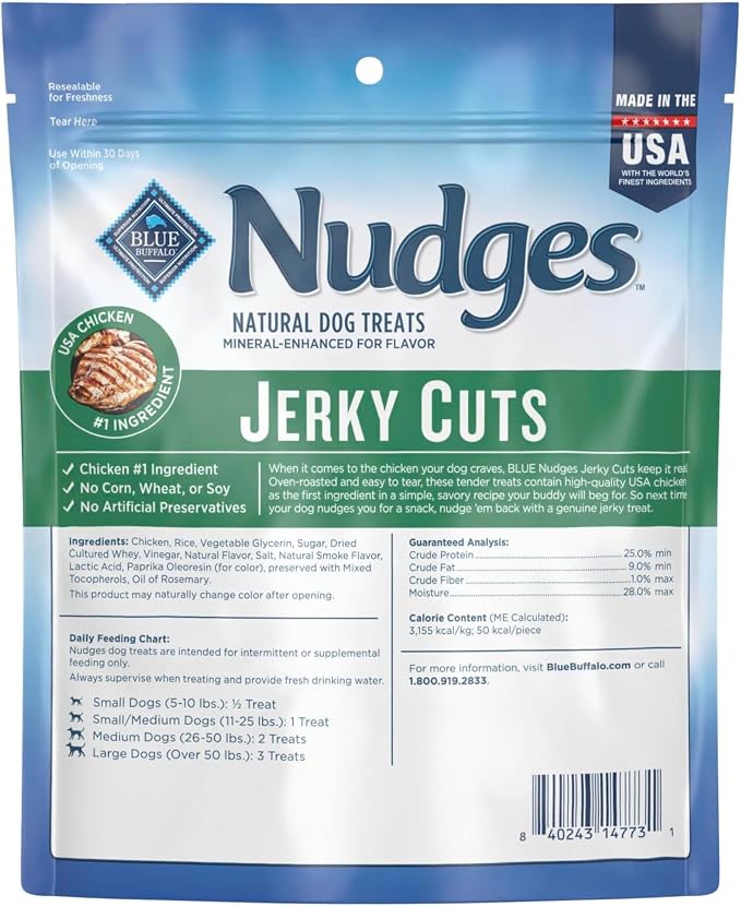 Blue Buffalo Nudges Jerky Cuts Chicken Dog Treats, 5 oz | Real Chicken First, Oven-Dried, Easy to Tear, No Chicken By-Product, Corn, Wheat, or Soy