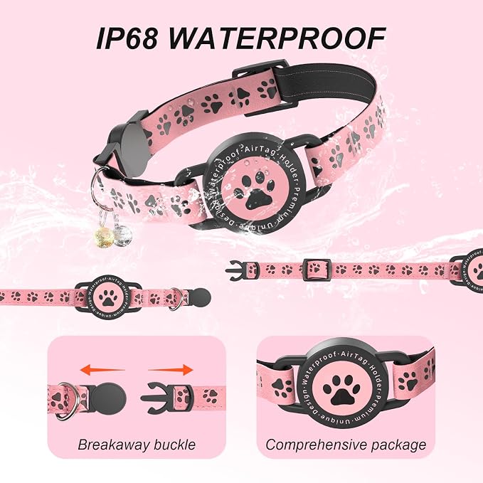 GPS Cat Tracker Collar (iOS & Android), No Monthly Fee GPS Dog Tracker Pink | Mini Bluetooth Smart Anti-Lost Pet Finder Tag Works with Apple Find My & Google Find Hub