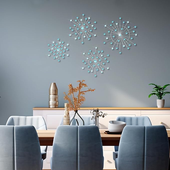 Blulu 4 Pcs Metal Wall Decor Bling Crystal Wall Art Cast Iron Rhinestones Sunburst Decor Starburst Art Hanging Diamond Accents Home Decorative for Living Room Bedroom Entryway (Blue)