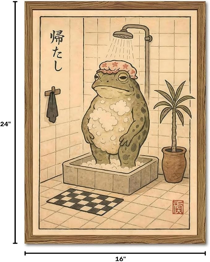 Funny Japanese Frog Bathroom Wall Art Whimsical Frog Shower Wall Decor 16x24 inch Wood Framed, Eclectic Japan Animal Bathroom Poster Painting Canvas Prints Aesthetics