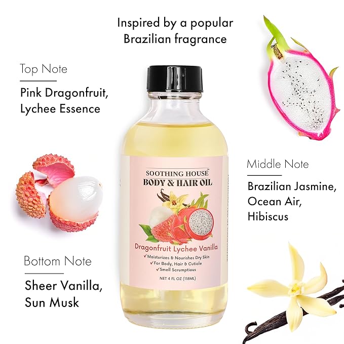 Soothing House Dragonfruit Lychee Vanilla Body Oil – Hydrating & Nourishing Oil for Skin, Hair & Cuticles – Lightweight, Fast-Absorbing, Long-Lasting Fruity Floral Scent, 4 fl oz