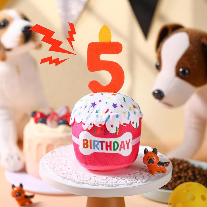 Dansydaisy Dog Birthday Cake Toy Squeaky Plush Gift,5th,Pink