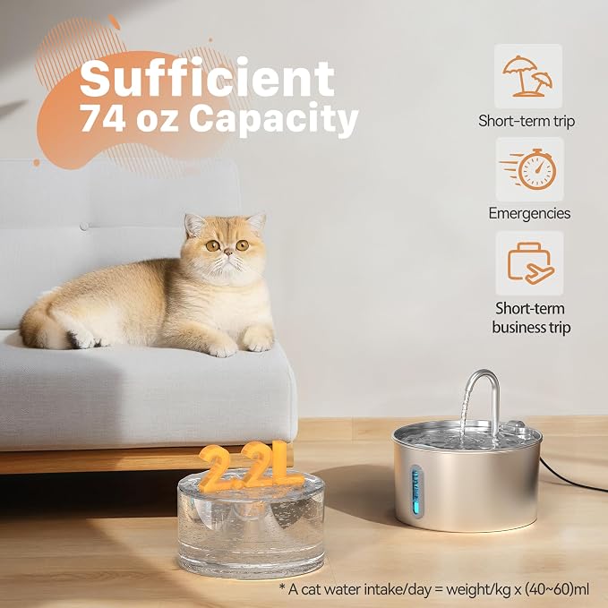 Cat Water Fountain Stainless Steel: 2.2 L Cat Fountain for Drinking - Automatic Pet Water Fountain for Cats Inside - Metal Cat Dog Water Dispenser Bowl with Faucet Water Level Window Ultra Quiet Pump | Automatic Metal Pet Water Fountain for Cats Inside...